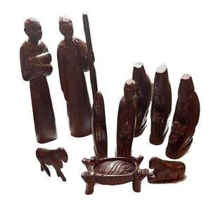 Vintage Hand Carved African Wood Nativity Set - 10 Piece Folk Art Mixed Set